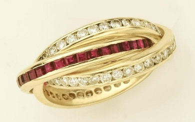 14K gold tripartite diamond & ruby ring