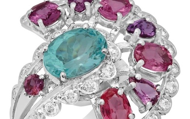 14k White Gold 3.04ct Aquamarine 5.36ct Pink Sapphire 1.02ct Diamond Ring