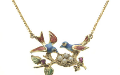 14k Yellow Gold Enamel, Pearl and Ruby Necklace.