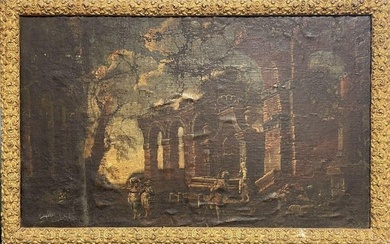 1700'S ITALIAN OLD MASTER OIL PAINTING FIGURES IN CLASSICAL RUINS LANDSCAPE c. 1700's