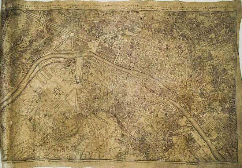 1754 Rocque Map of Paris on Linen -- A Plan of Paris