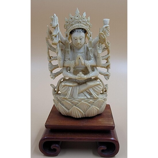 18-19th C Carved Multi Arm Buddha Seated On A Lotus