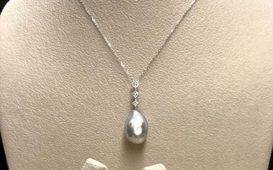 18 kt. Keshi pearls, Saltwater pearls, Tahiti pearls, White gold, Certified Natural Keshi cultured pearls - GGTL - Set, Natural Keshi Saltwater Set earrings & necklace Ø 12mm - Diamond