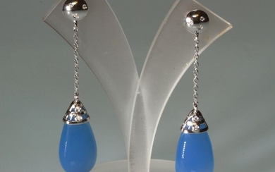 18 kt. White gold - Earrings Blue chalcedony - Diamonds