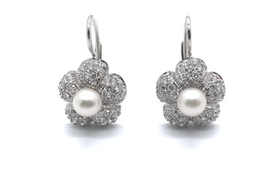 18 kt. White gold - Earrings Freshwater Pearl - Diamonds
