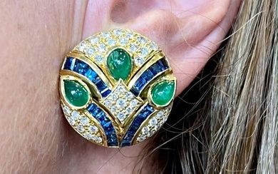 18K Yellow Gold Diamond Sapphire and Emerald Earrings