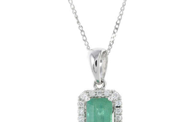 18ct gold emerald & diamond rectangular-shape cluster pendant, with chain