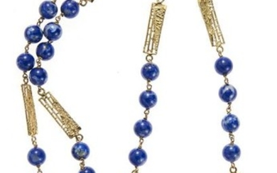 18kt yellow gold, blue gemstone and ruby necklace