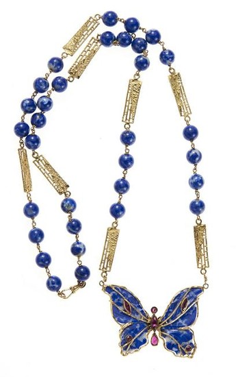 18kt yellow gold, blue gemstone and ruby necklace