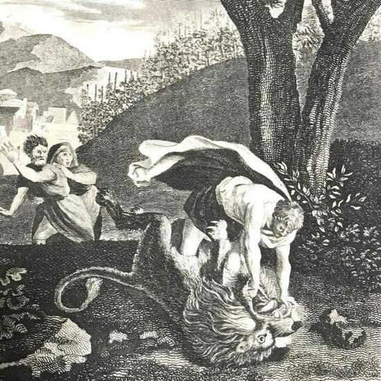 18th Century Engraving, Sampson Slaying The Lion