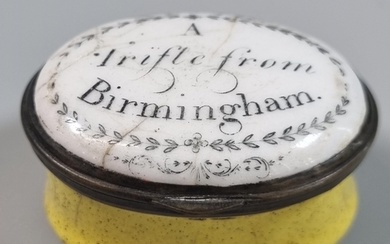 18th century Bilston enamel patch box, 'A Trifle from Birmin...