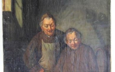 19 th Century oil on Canvas Painting Two Monks Signed