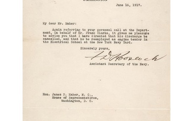 1917 FRANKLIN D. ROOSEVELT as Assistant Secretary, Navy Department Choice Typed Letter Signed