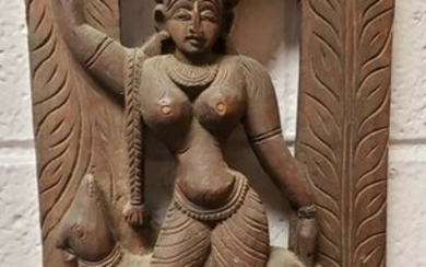 1940's Indian Hindu Goddess Durga Wood Carving Wall