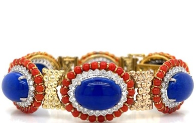 1960s 18K Yellow Gold Diamond Lapis Lazuli and Coral Bracelet
