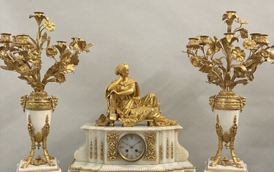 19TH C. DORE BRONZE AND MARBLE CLOCK SET
