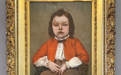 19TH CENTURY OIL ON BOARD FOLK ART PORTRAIT BOY IN RED JACKET
