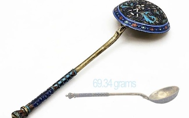 19th C. Faberge Style (69.34 grams) Russian Enamel Silver Gilt Large Spoon