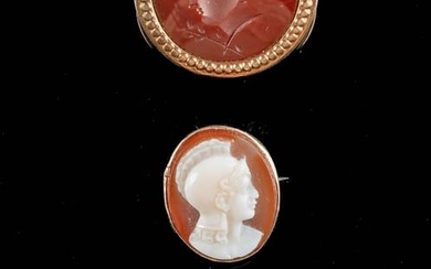 19th C. Hermes Intaglio, Athena Cameo, Gold Pendant
