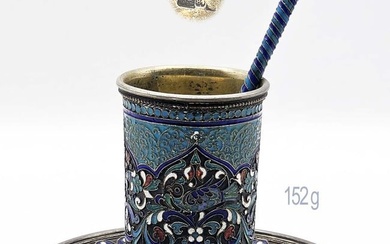19th C. Russian Cloisonne Enamel & Silver 84 Coffee Cup Saucer Spoon Set