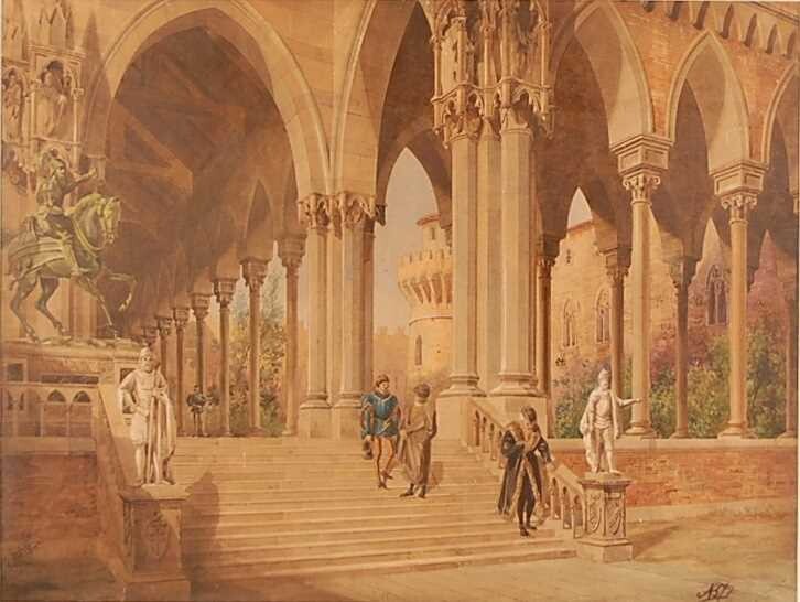 19th century Italian school - Palazzo terrace scene, watercolour,...