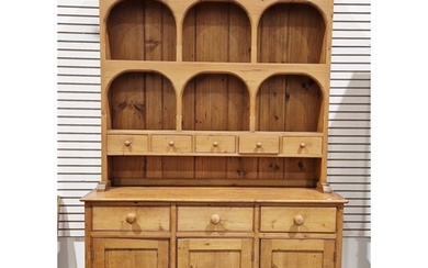 19th century pine kitchen dresser, the top section with two ...