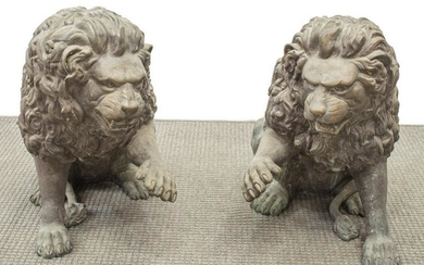 (2) LARGE PATINATED BRONZE SEATED LION FIGURES