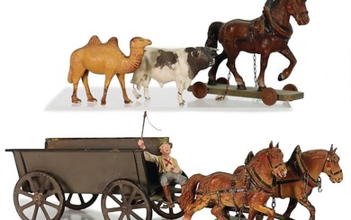 2 draught horses, mass, tin wheels, height: 10.5 cm, 1 cart, sheet metal, back tin and eye at the