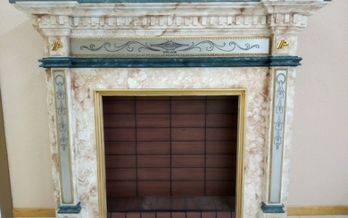 Marble fireplace with hand-made wooden details - Green marble and details made in wood by hand - mid 20th century