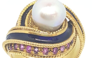 18 kt. Akoya pearl, Yellow gold, 8.5 mm - Ring - 0.10 ct Diamond - Pearls, Ruby