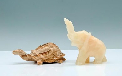 2pc Hand Carved Stone Elephant and Tortoise Figurines