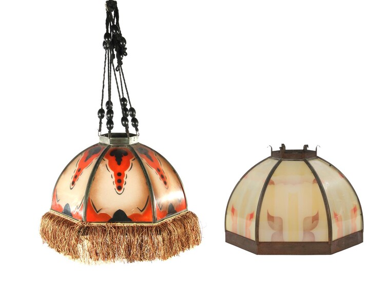 (-), 2x polychrome colored glass hanging lamp with...