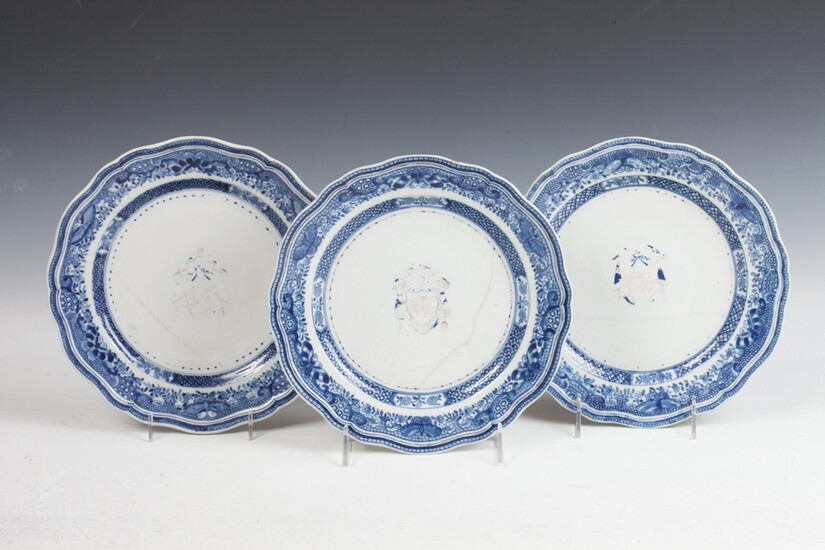 3 PIECES CHINESE EXPORT ARMORIAL PORCELAIN PLATES, 19th century. -...