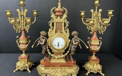 3 Piece Italian Brevettato Brass & Marble Clock and Candelabra Garniture Set