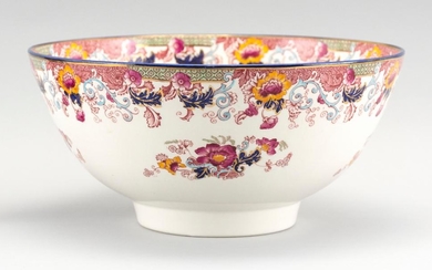 WOOD & SONS "VERONA" PATTERN HAND-COLORED TRANSFERWARE PUNCH BOWL With gilded accents. Diameter 10.75".