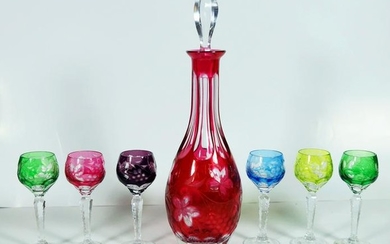Colored Crystal Decanter And Rainbow Glasses