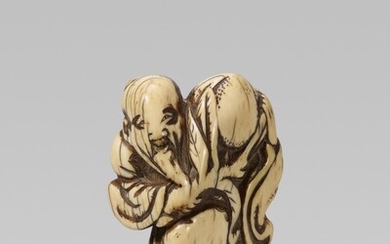 An ivory netsuke of a bearded Tôbôsaku Sennin. Late 18th century