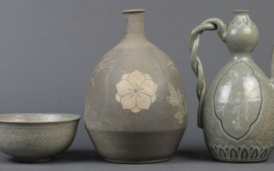 Korean Celadon Ceramic Ewer, Bottle and Bowl