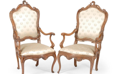 A Pair of Italian Rococo Walnut Armchairs