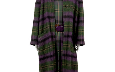Adele Simpson Purple Tartan Wool Coat, Dress, Belt, Scarf, 1980s