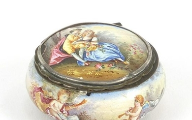 Antique continental enamel box, the hinged lid hand