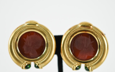 CARVED AGATE, TOURMALINE AND GOLD EARRINGS