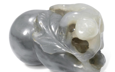 A CARVED AND PIERCED WHITE AND GREY JADE 'MONKEY AND GOURD' GROUP, 18TH-19TH CENTURY