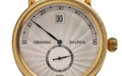 CHRONOSWISS | A YELLOW GOLD AUTOMATIC JUMP HOUR WRISTWATCH WITH RETROGRADE MINUTES REF CH1421 NO 64 DELPHIS CIRCA 2000