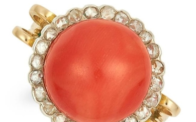 CORAL AND DIAMOND RING set with a circular coral bead