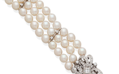 A cultured pearl, diamond and 14k white gold triple strand bracelet
