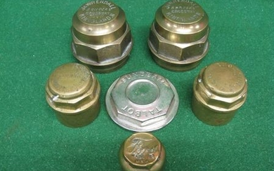 Five brass and one alloy nut shaped vintage hub caps marked for Ford, Sunbeam Talbot, J&W Rendall and G Vernon