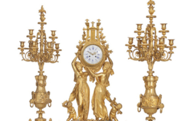 A FRENCH ORMOLU THREE-PIECE CLOCK GARNITURE, BY LEMERLE-CHARPENTIER & CIE, PARIS, LAST QUARTER 19TH CENTURY