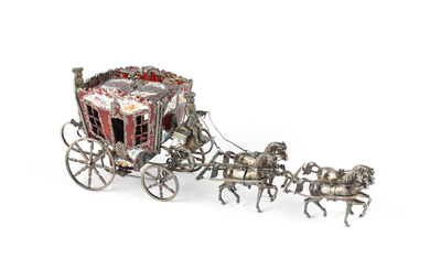 A French silver and red enamel casket in the form of miniature coach and horses