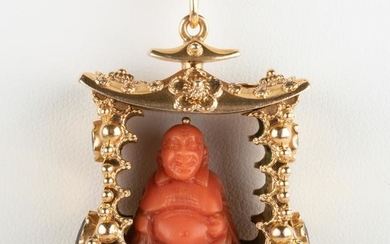 Italian 18k Gold, Coral and Garnet Buddha Pendant/Charm
